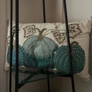 Harvest Moon Teal Decorative Beaded Pumpkin Throw Pillow Rectangular Accent